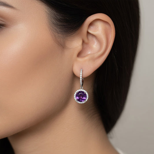 Amethyst Halo Diamond Drop Earrings Hoops