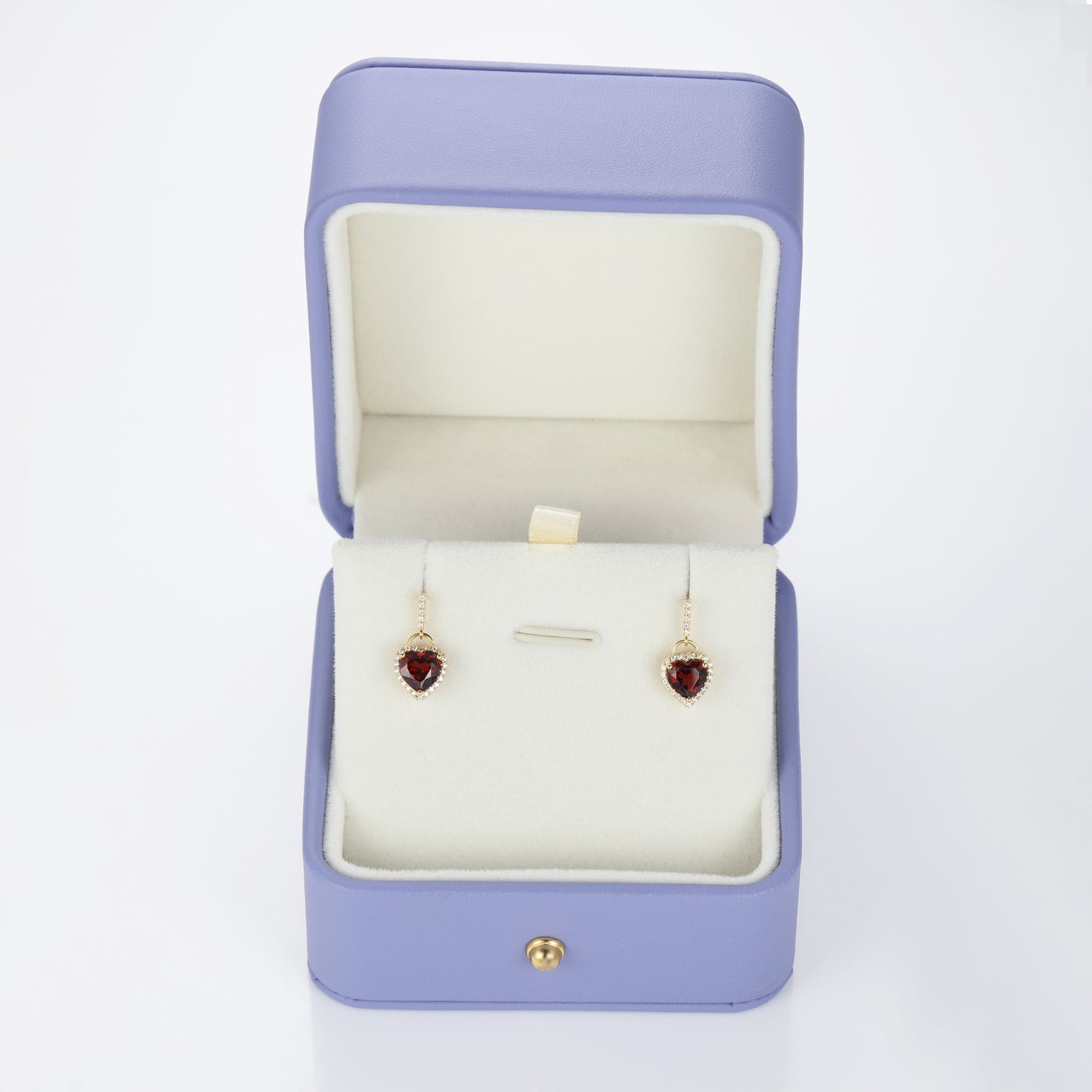Solid Gold Red Garnet Heart Lock Earrings