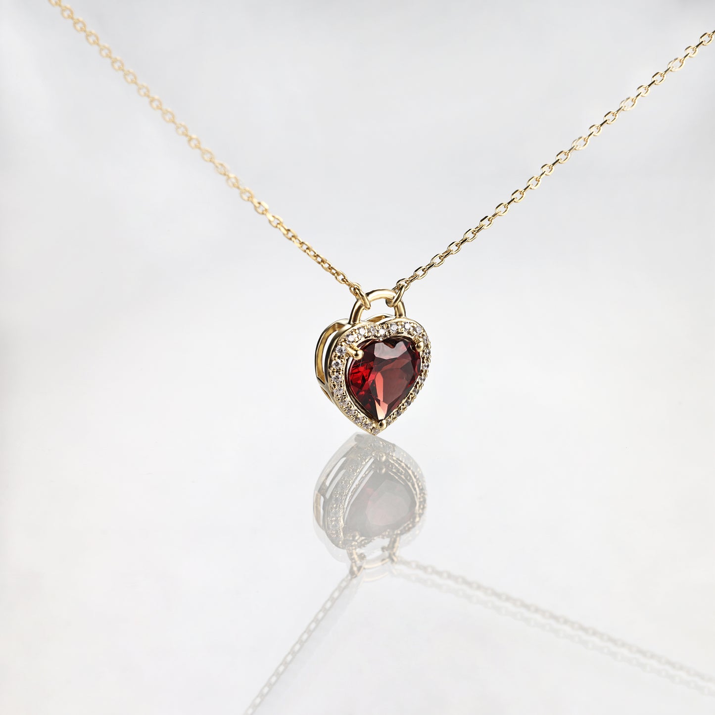 Solid Gold Red Garnet Heart Lock Pendant