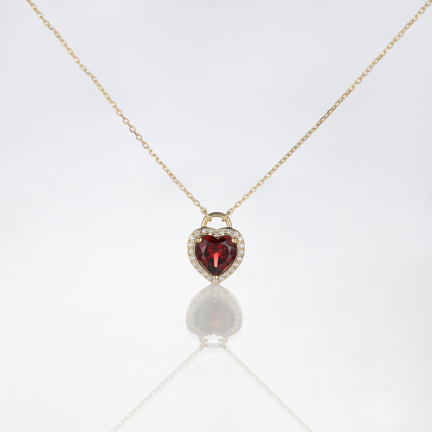 Solid Gold Red Garnet Heart Lock Pendant