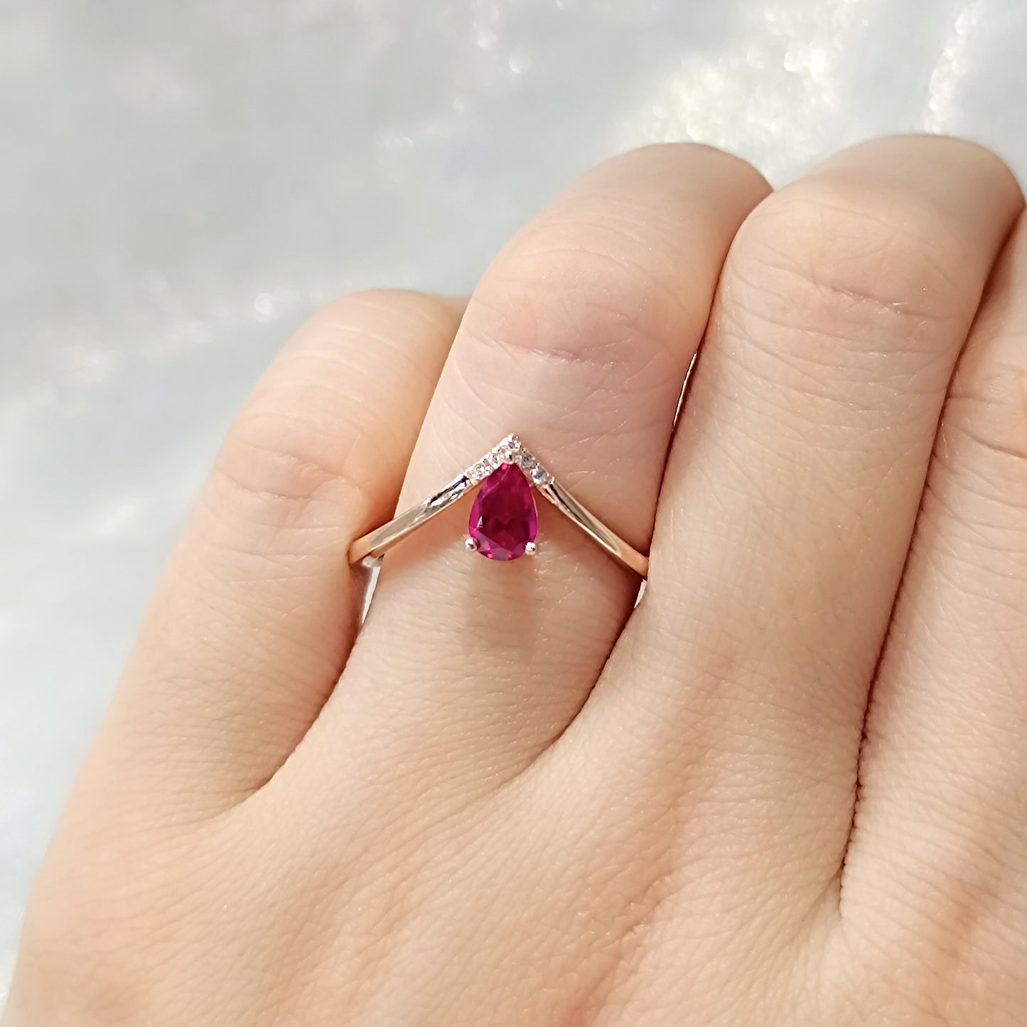 Silver Lab Grown Ruby V Shape Engagement Ring