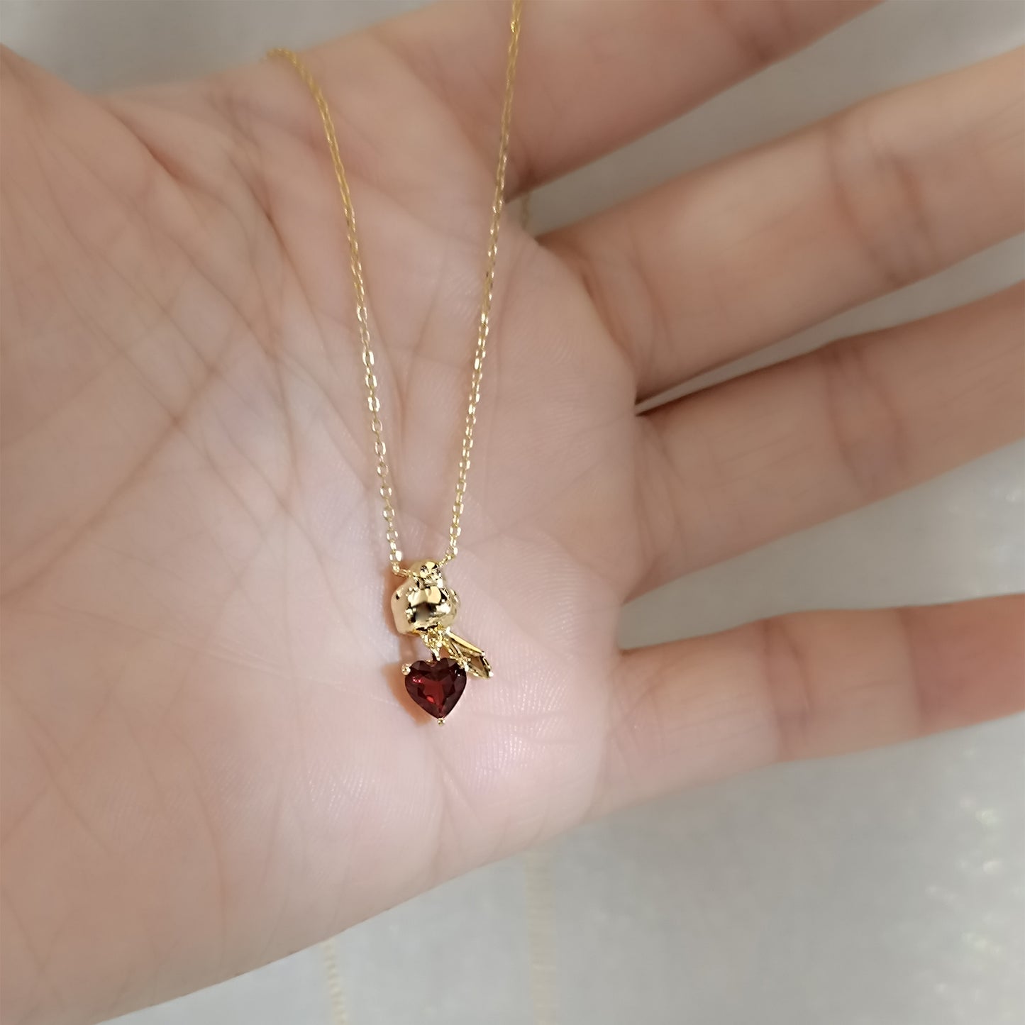 Solid Gold Red Garnet Baby Bird Pendant
