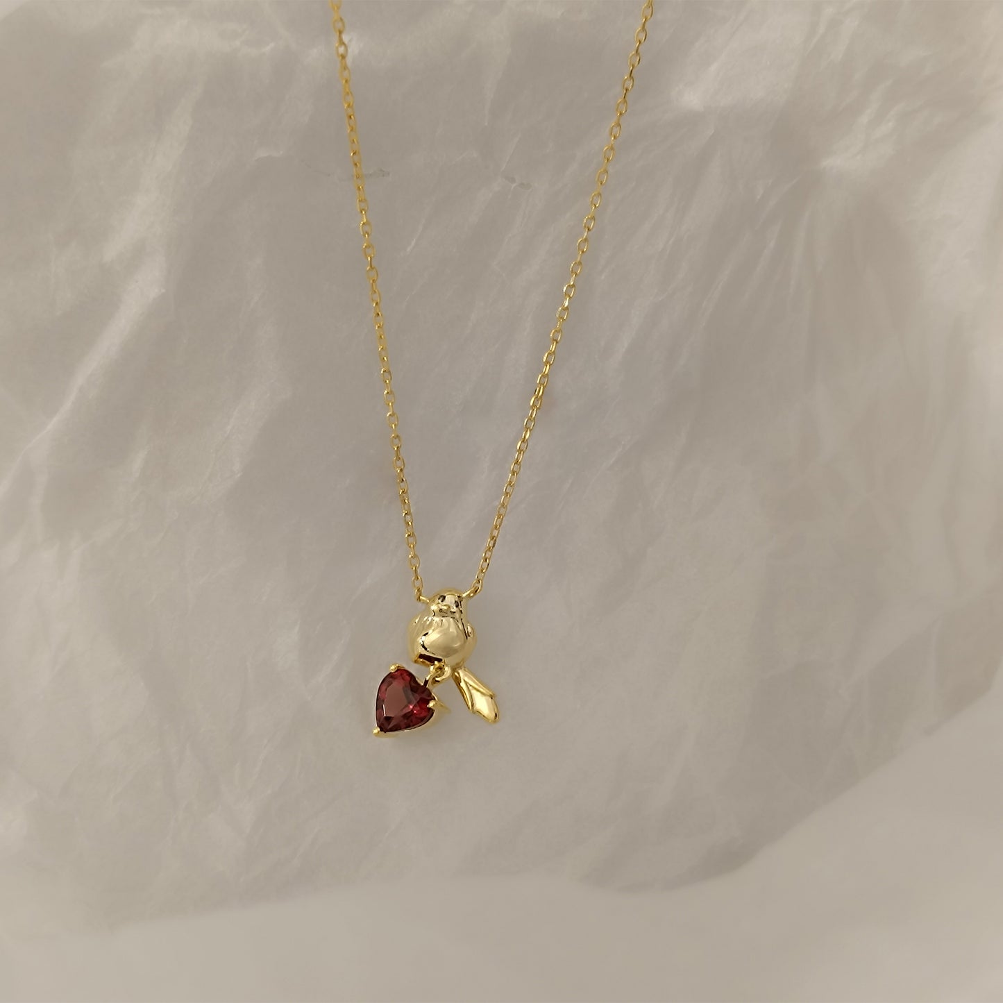 Solid Gold Red Garnet Baby Bird Pendant