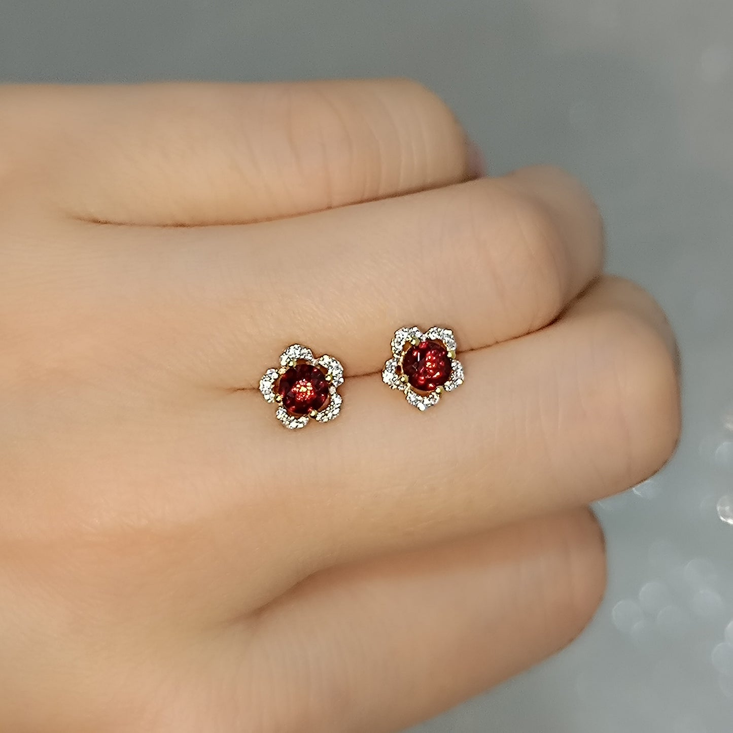 Garnet Sakura Flower Earrings