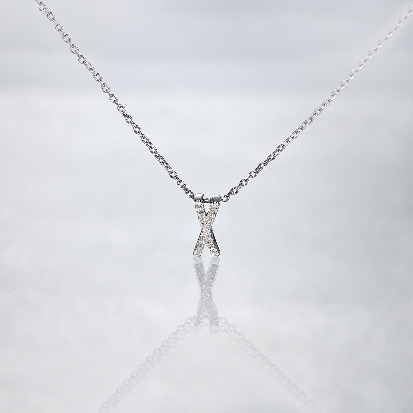 18K White Gold Initial X Double Diamond Necklace