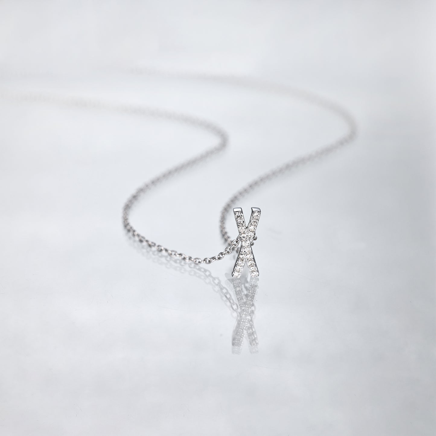 18K White Gold Initial X Double Diamond Necklace