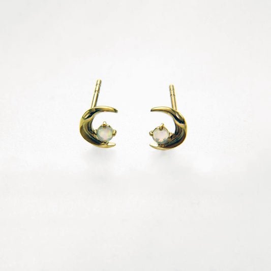 Opal Solid Gold Moon Studs