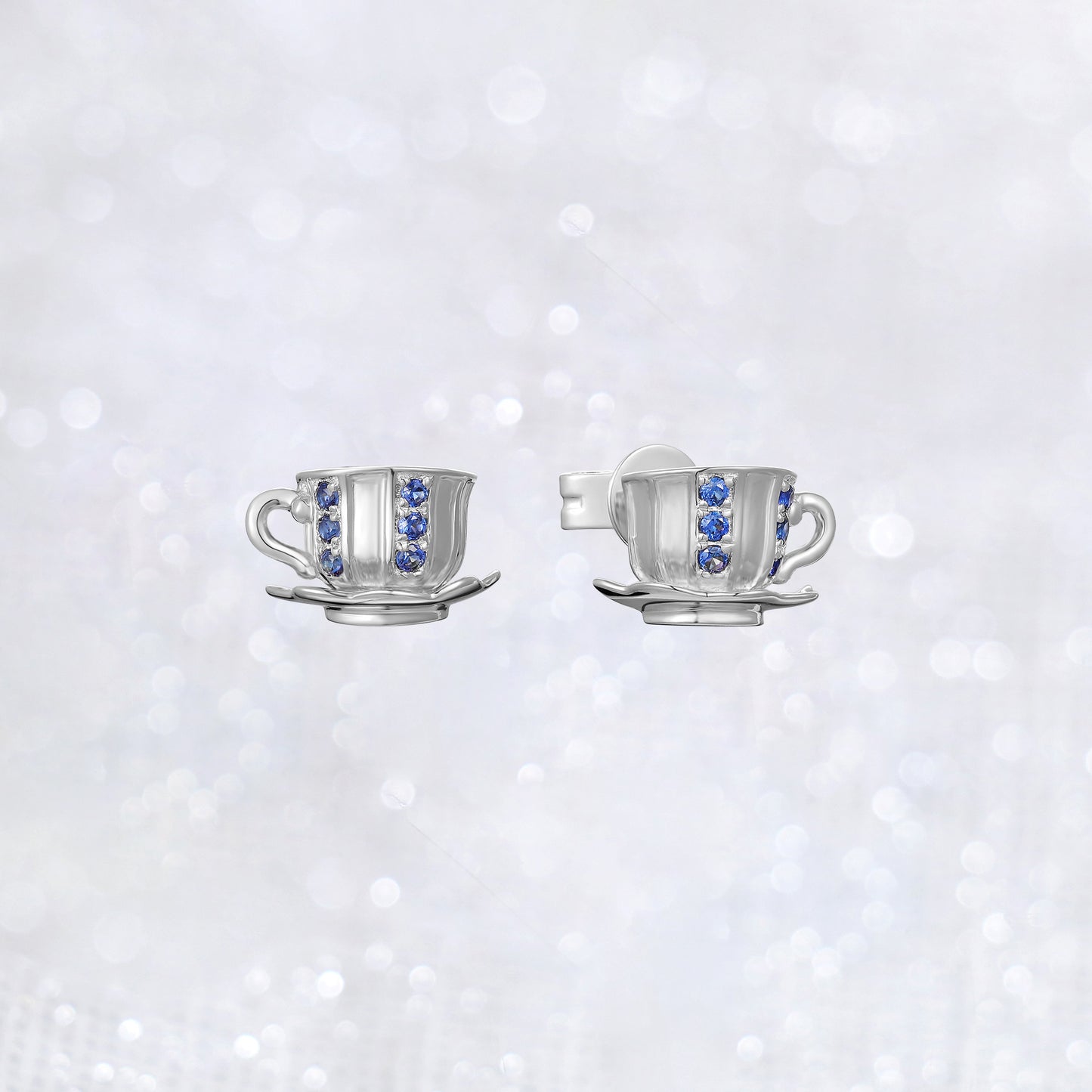 Round Blue Gemstone Cute Tea Cup Stud