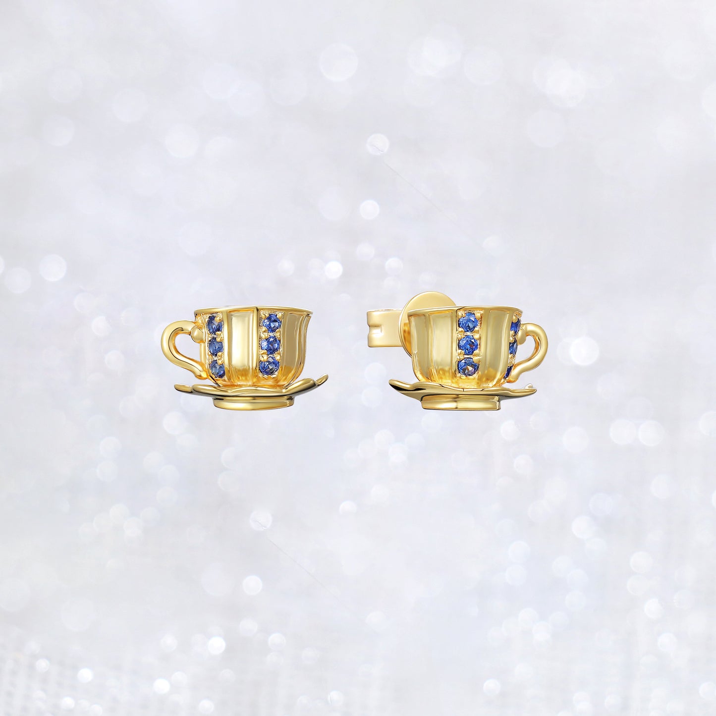 Round Blue Gemstone Cute Tea Cup Stud