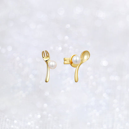 Mismatched Fork Spoon Pearl Earrings