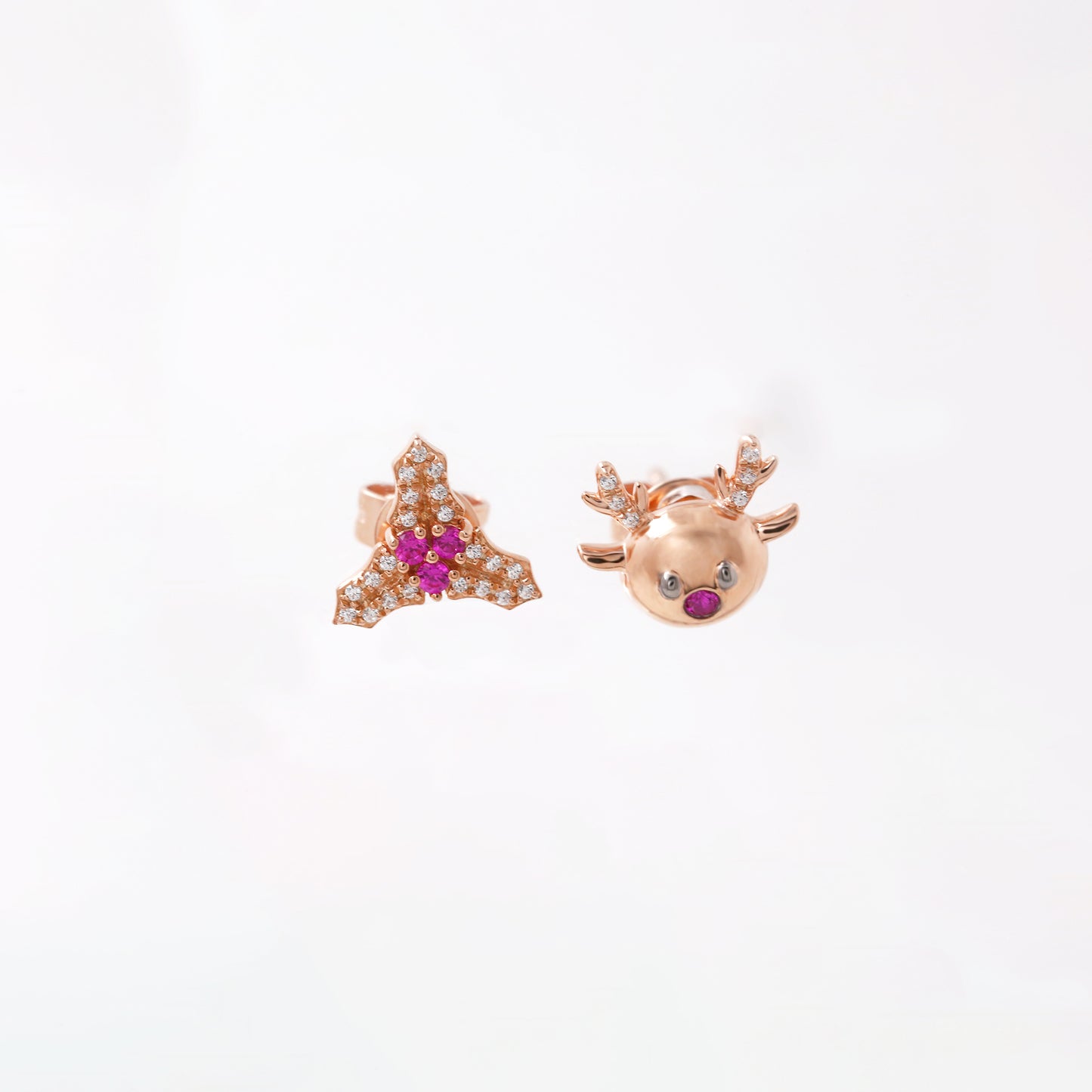 Rose Gold Ruby Christmas Leaf Reindeer Stud