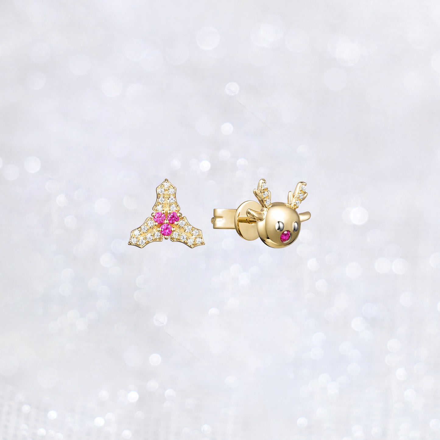 Rose Gold Ruby Christmas Leaf Reindeer Stud