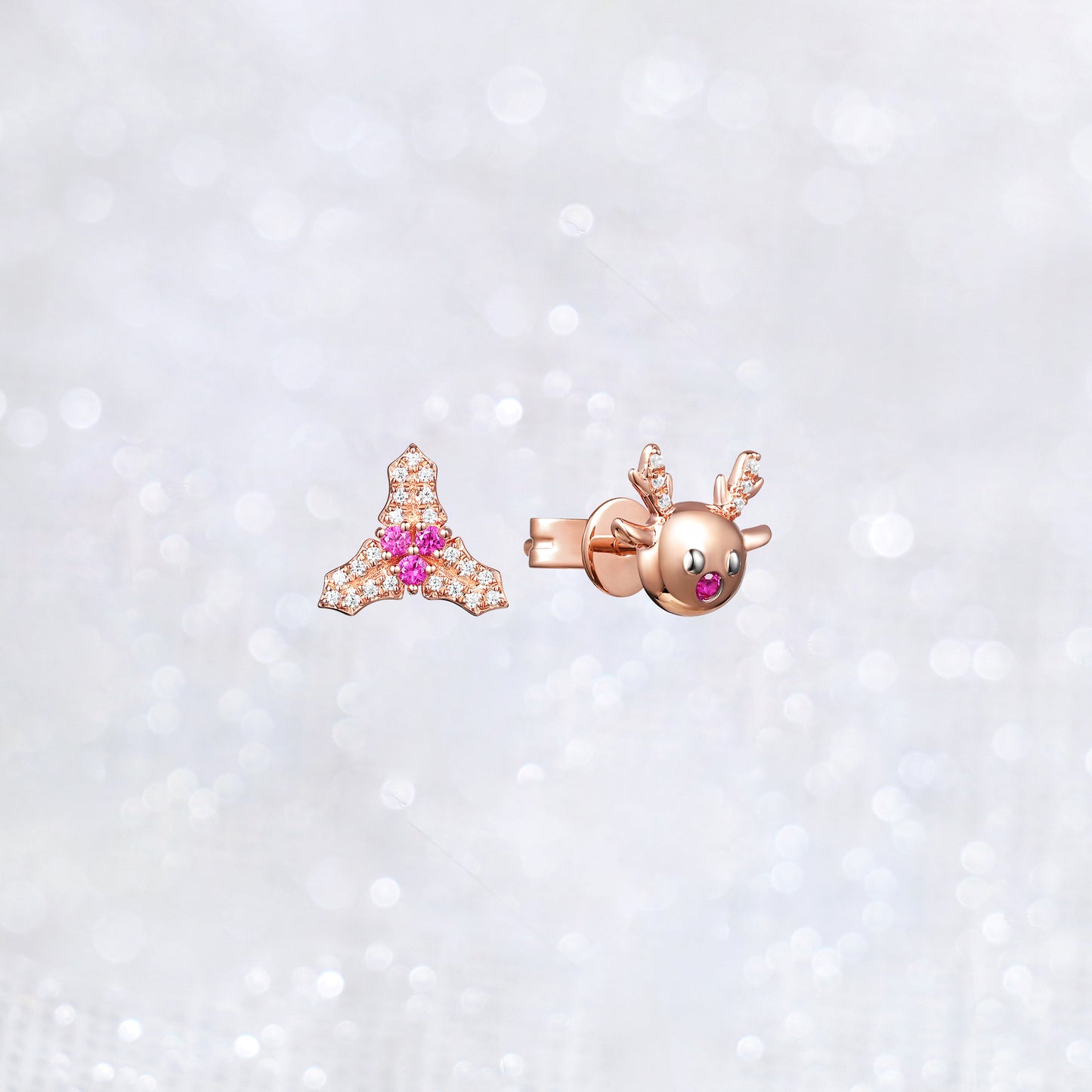 Rose Gold Ruby Christmas Leaf Reindeer Stud