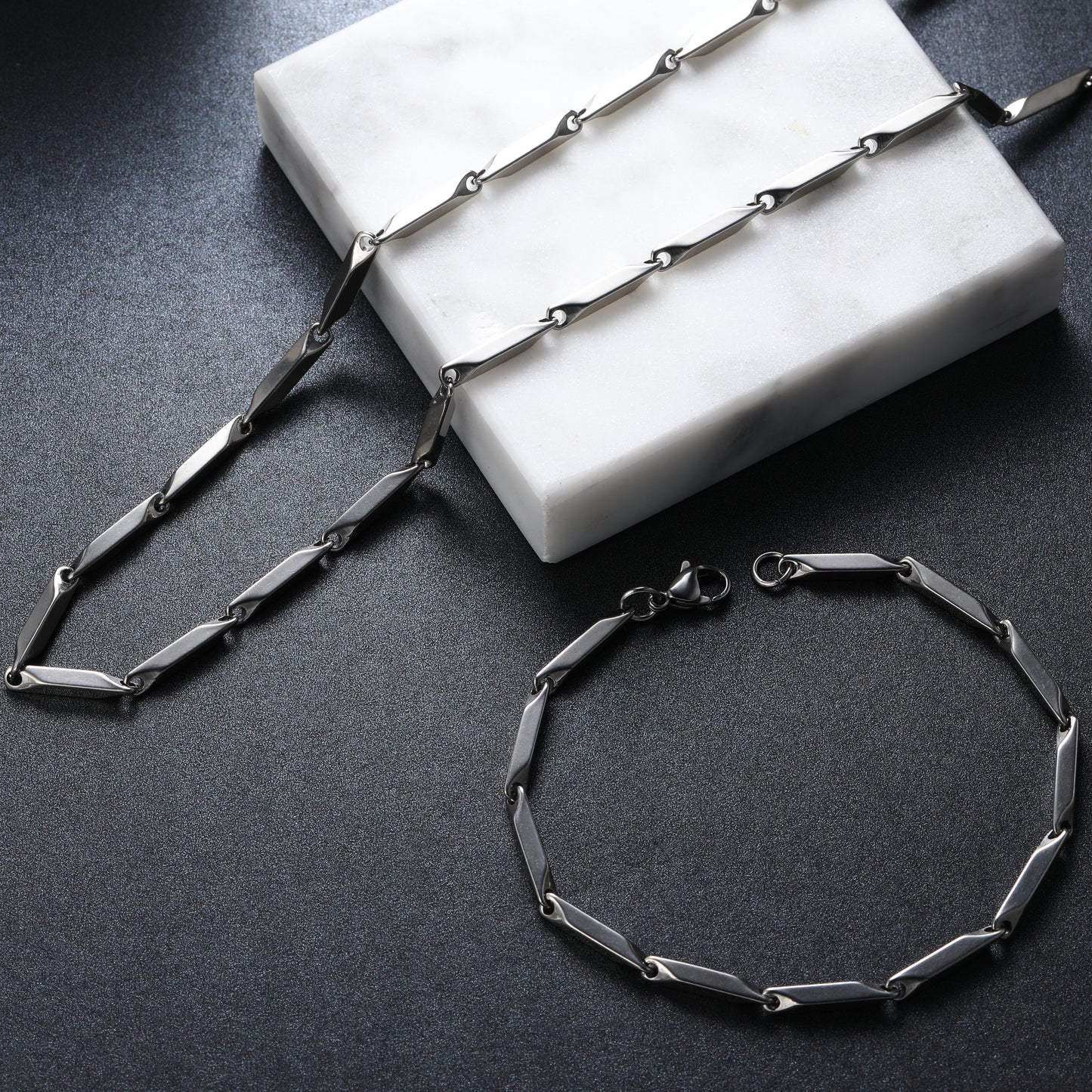 Silver Bamboo Bar Chain Necklace Bracelet (LC0003, B0021)
