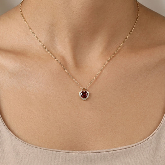 Solid Gold Red Garnet Heart Lock Pendant