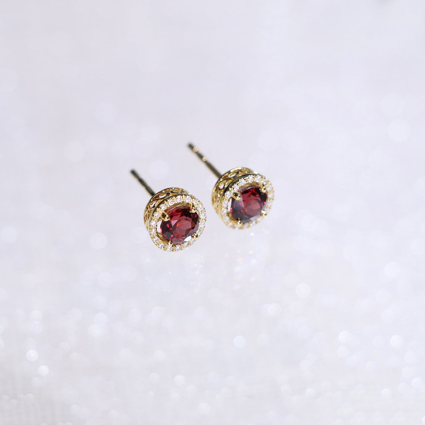 Garnet Halo Diamond Earrings