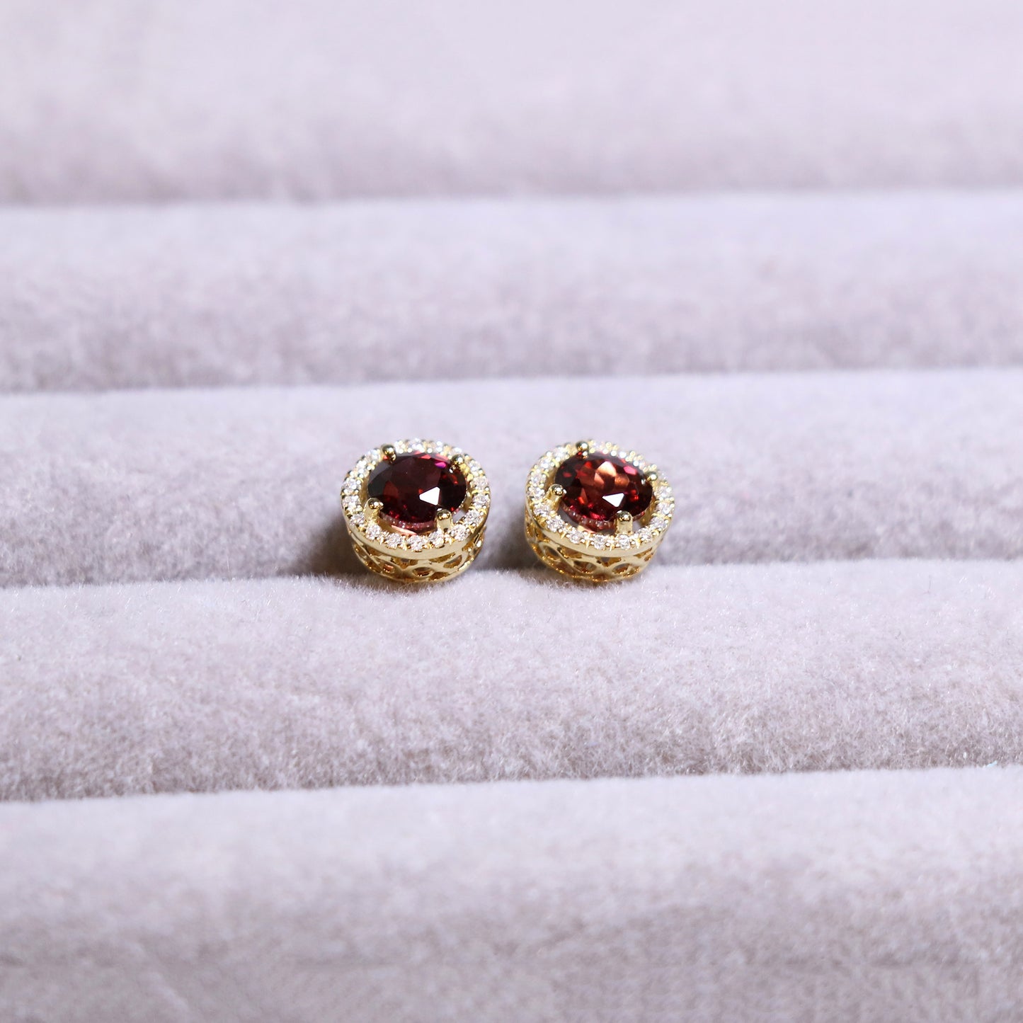 Garnet Halo Diamond Earrings