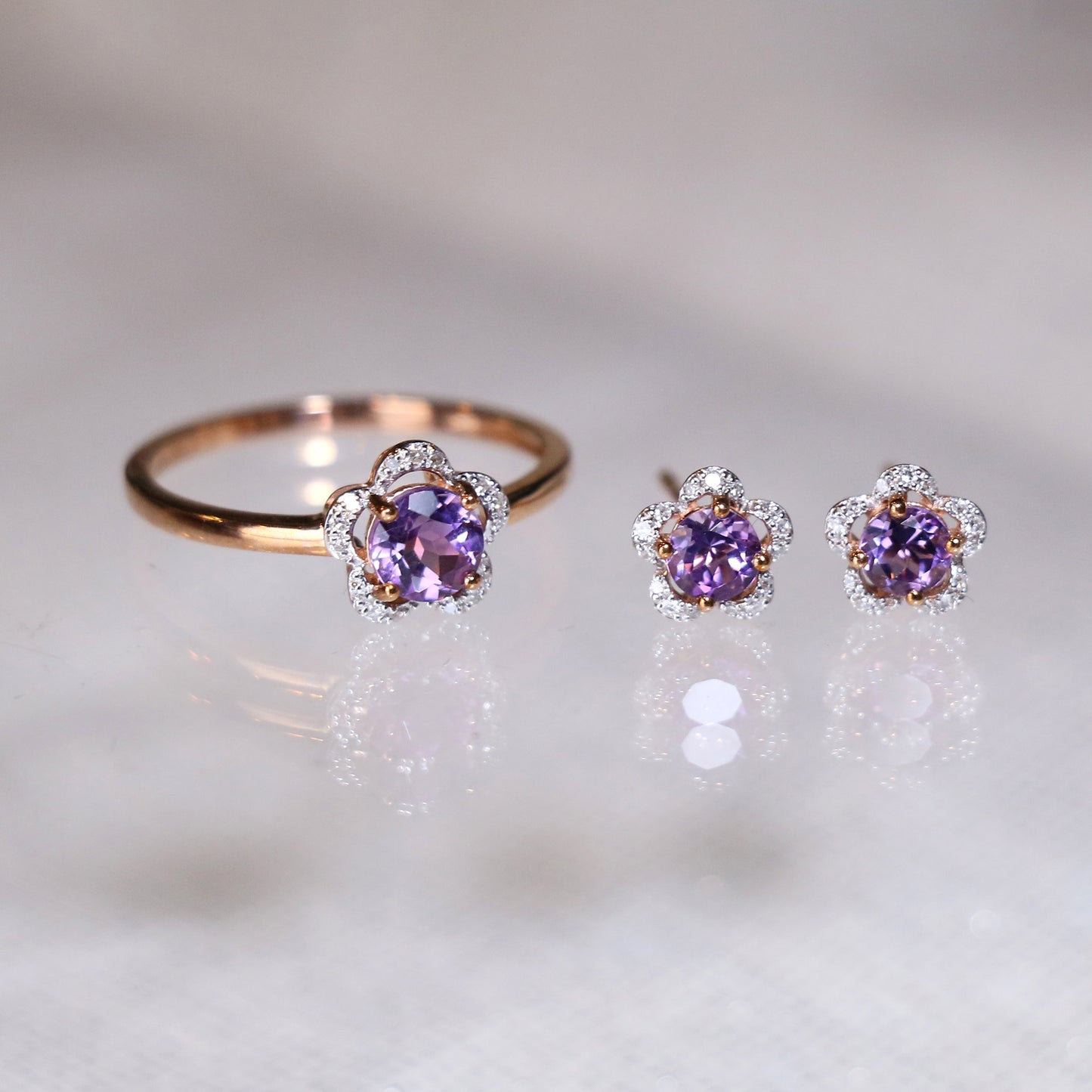 Amethyst Diamond Flower Ring