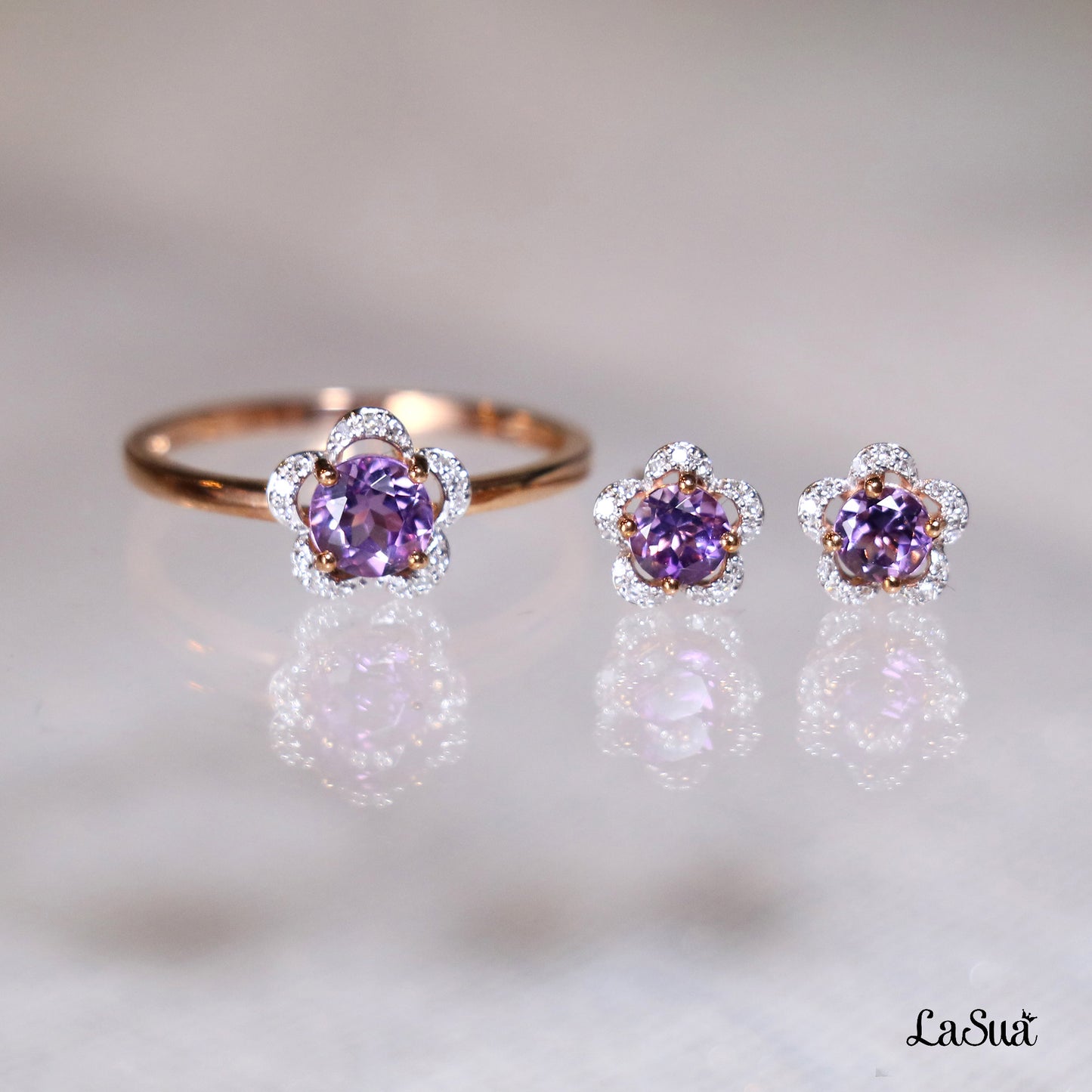Amethyst Diamond Flower Ring