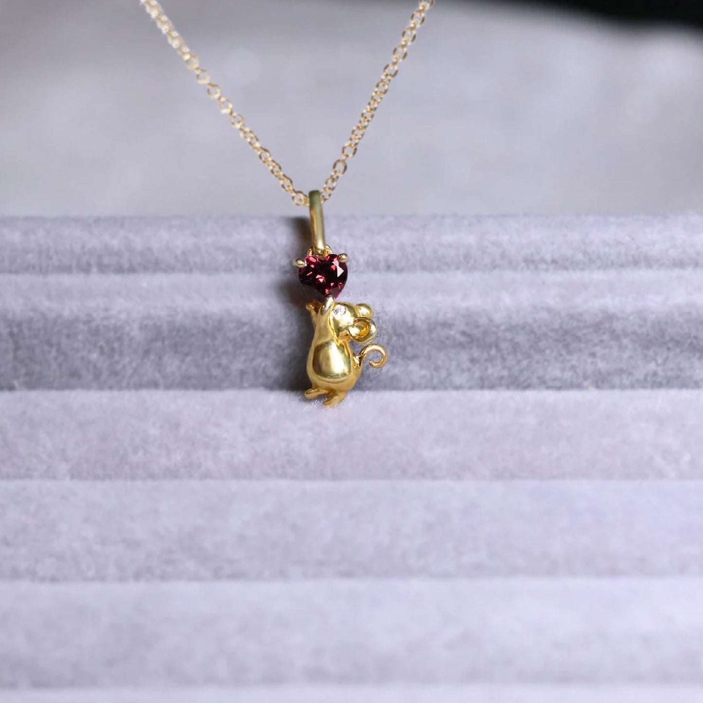 Heart Garnet Mouse Necklace