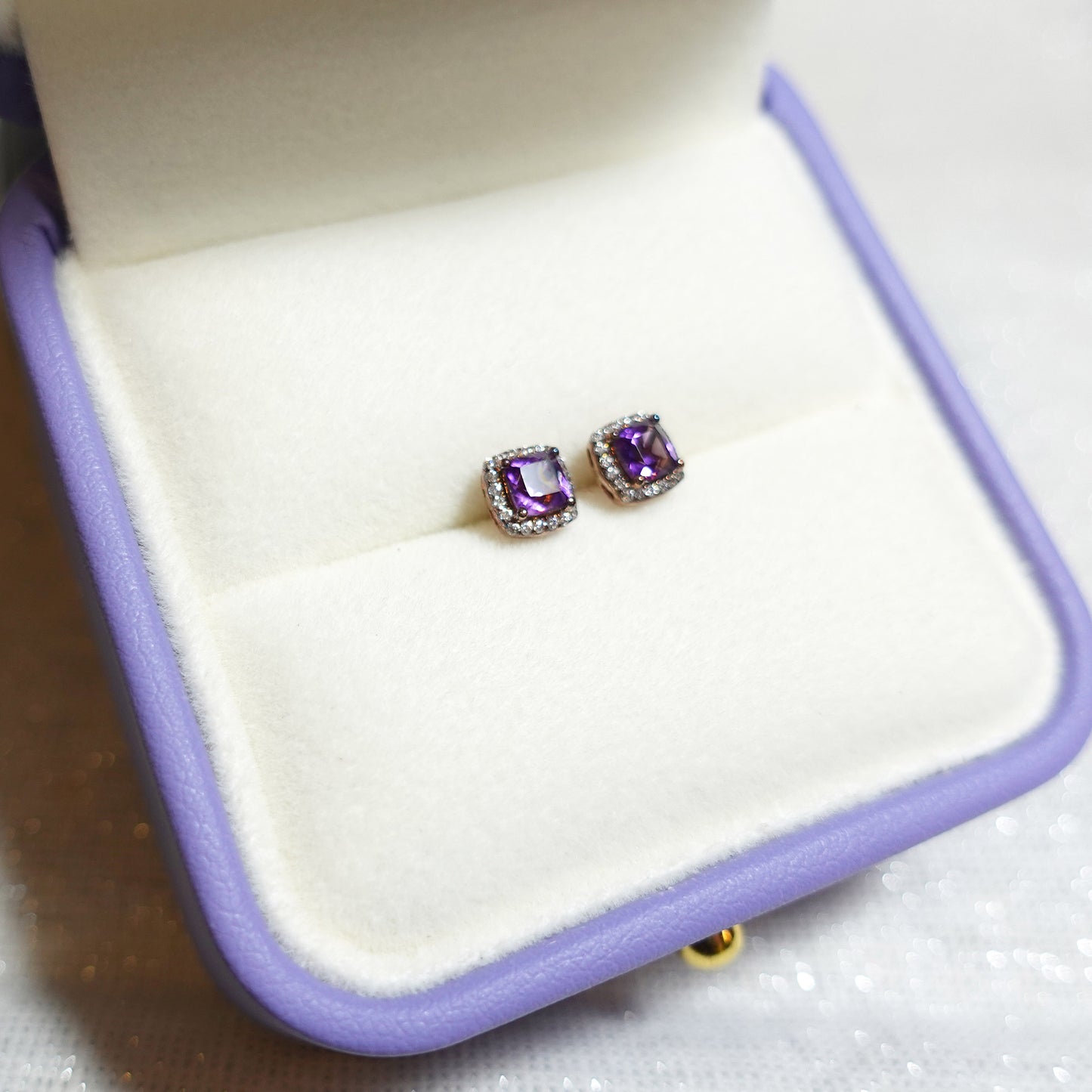 Sterling Silver Cushion Amethyst Diamond Earrings