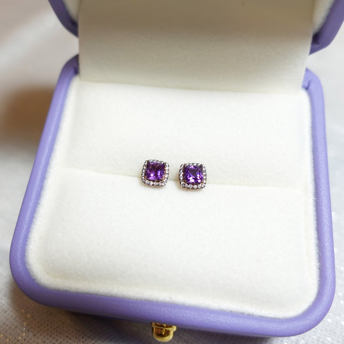 Sterling Silver Cushion Amethyst Diamond Earrings