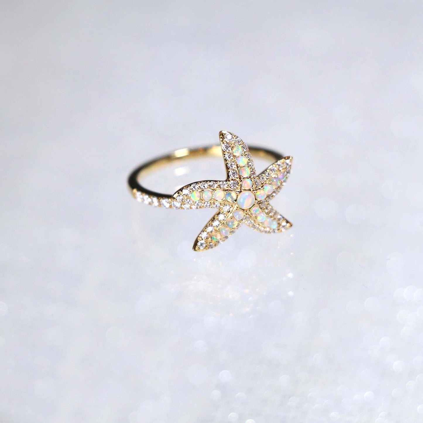 White Opal Diamond Starfish Gold Ring