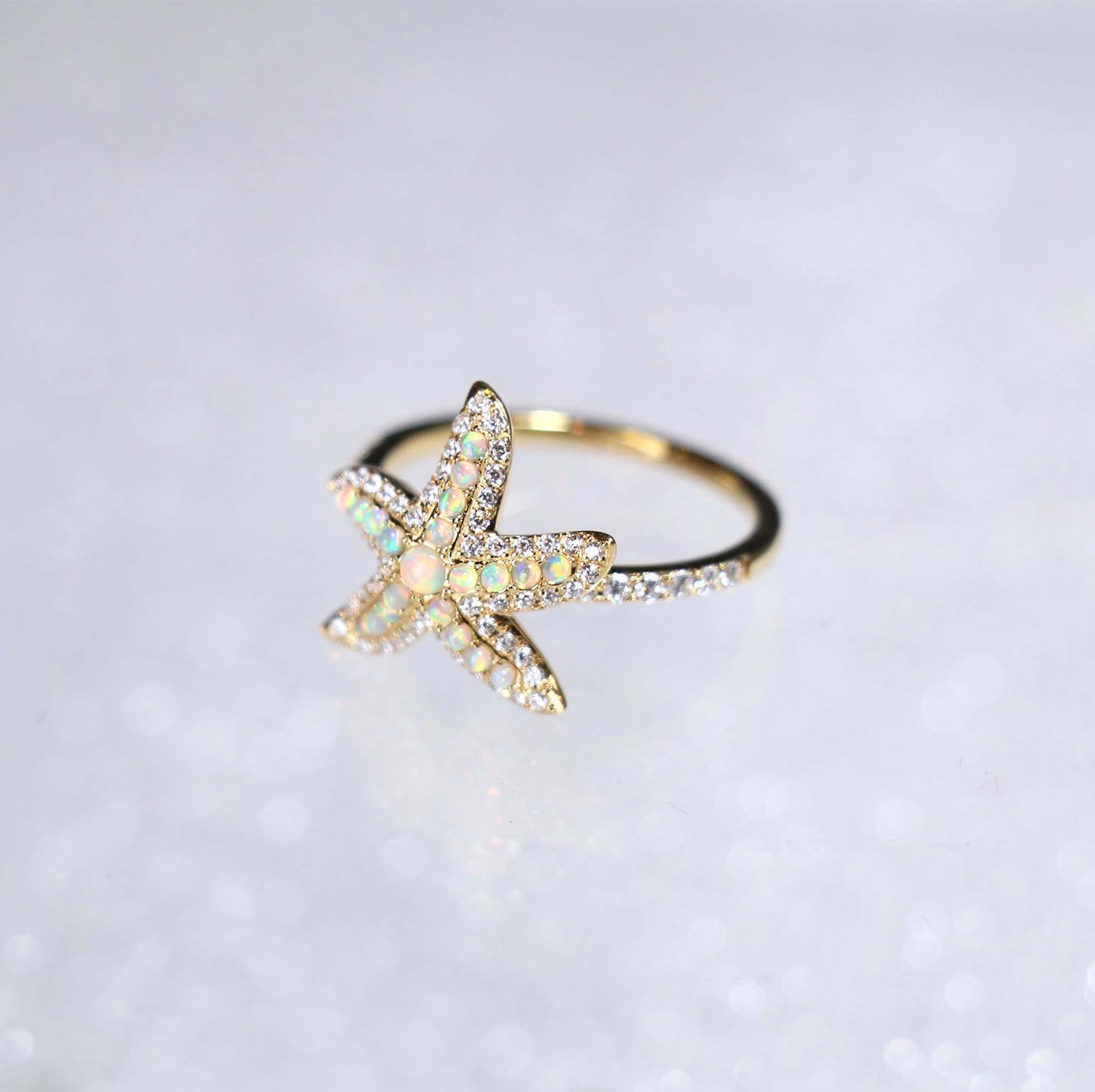 White Opal Diamond Starfish Gold Ring