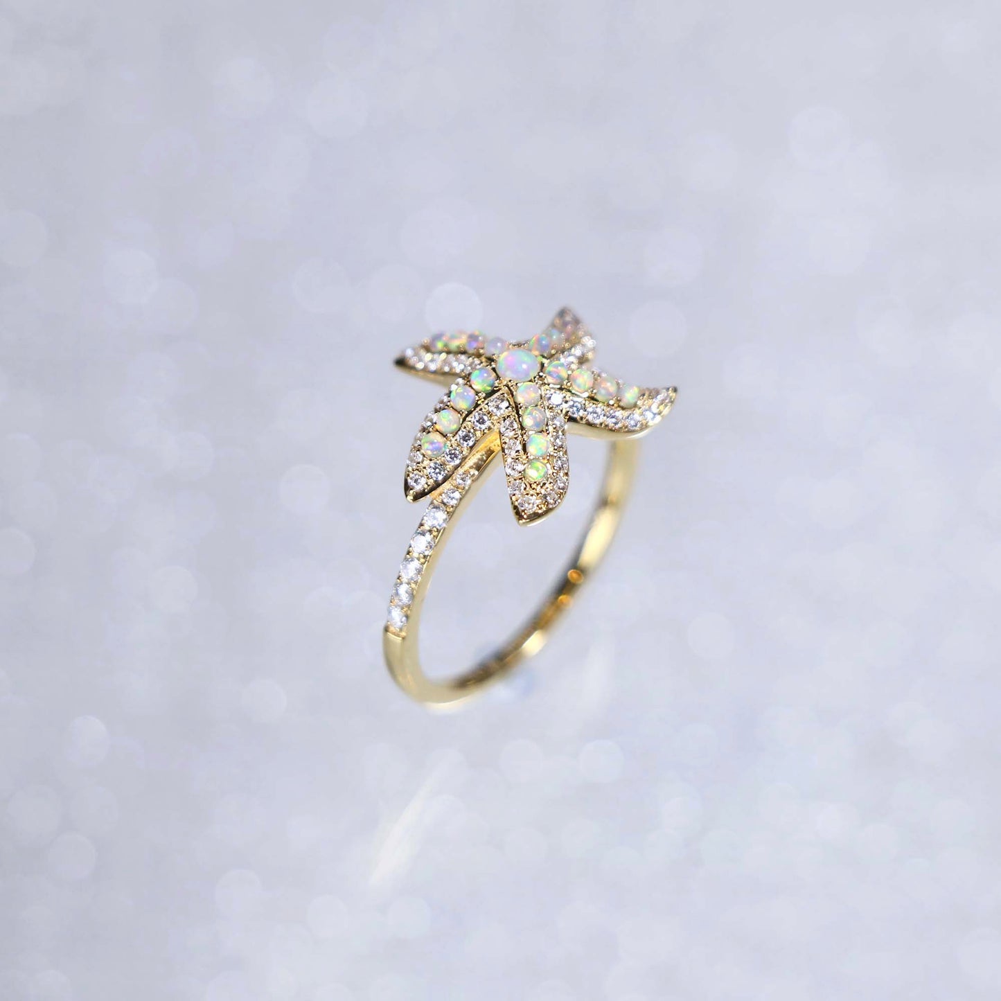 White Opal Diamond Starfish Gold Ring