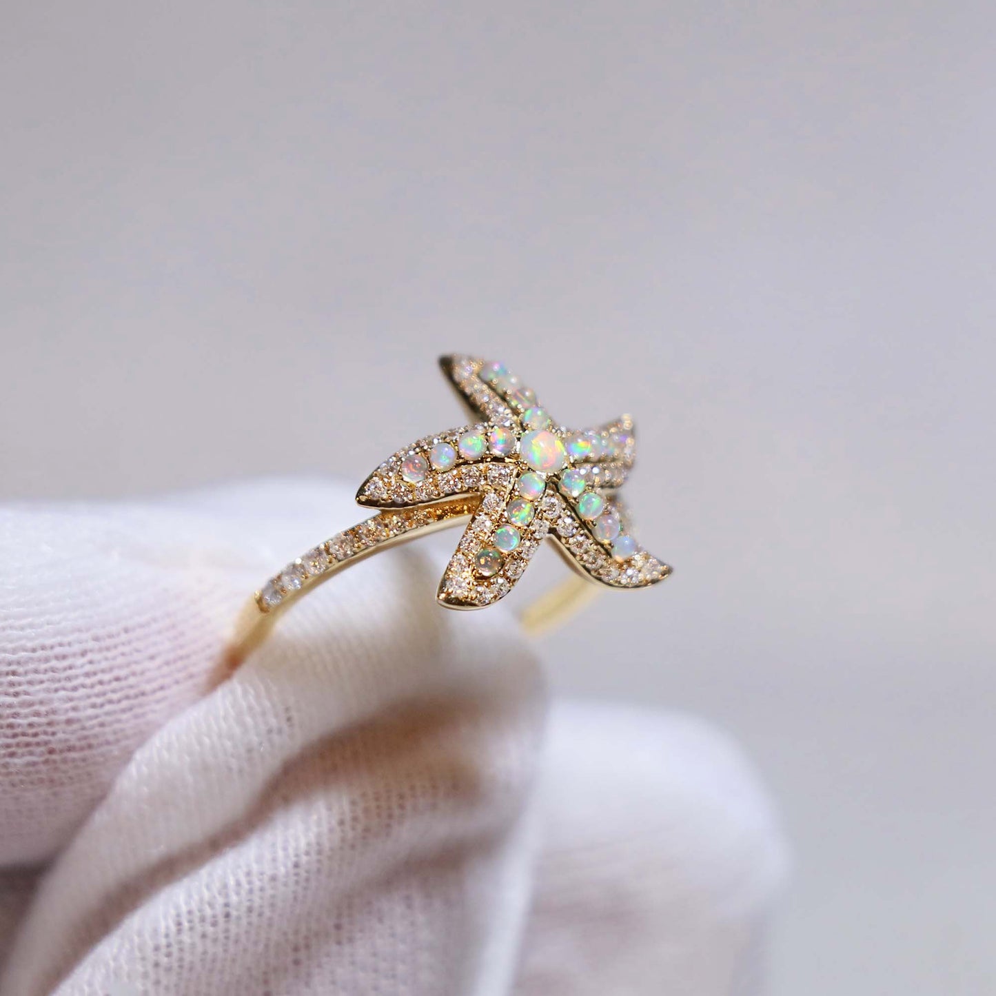 White Opal Diamond Starfish Gold Ring