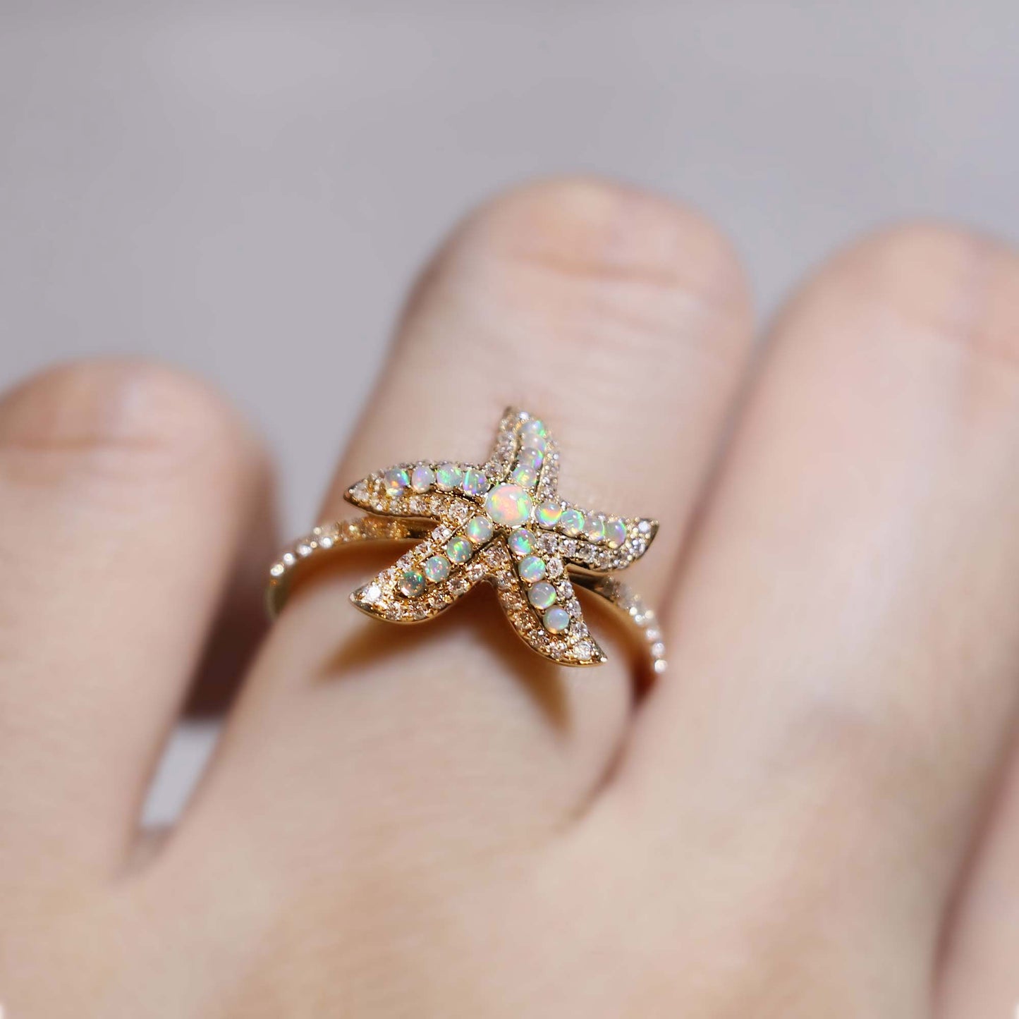 White Opal Diamond Starfish Gold Ring