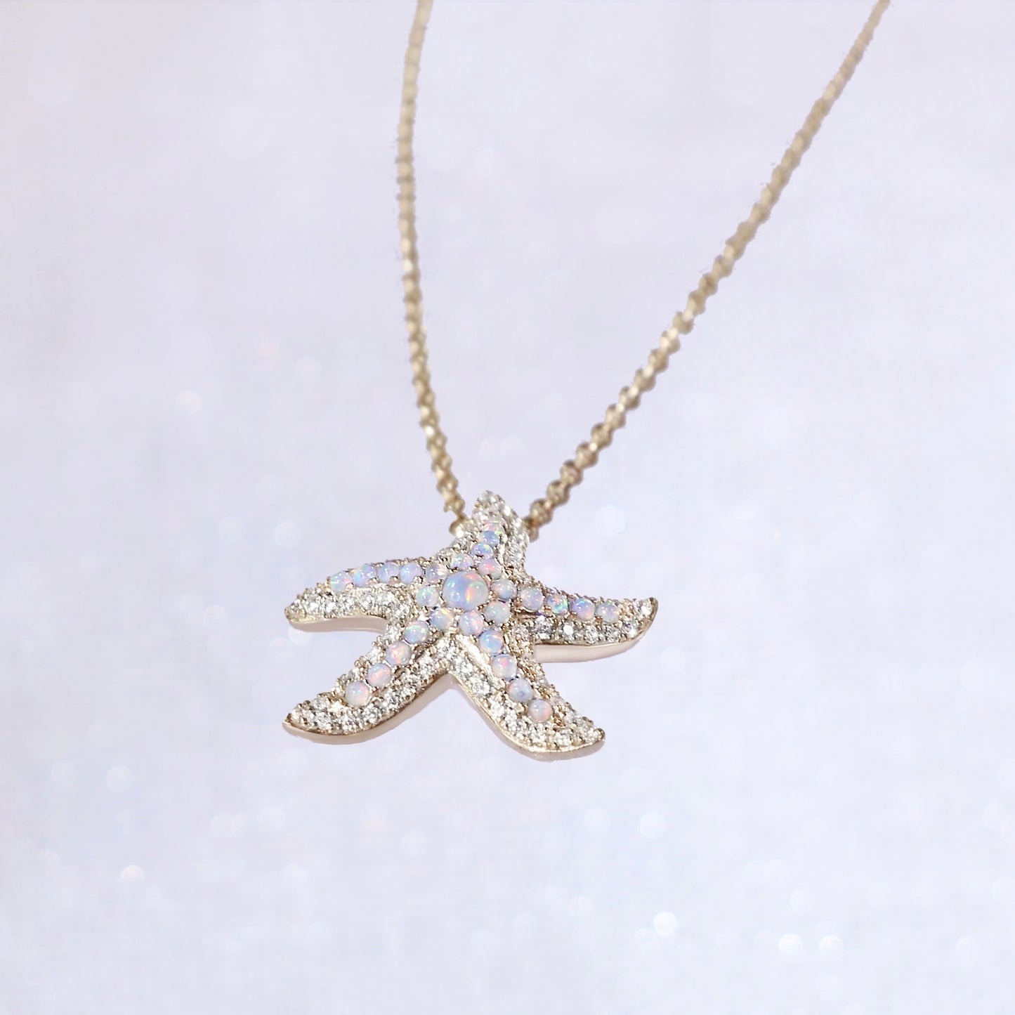 White Opal Diamond Starfish Gold Necklace