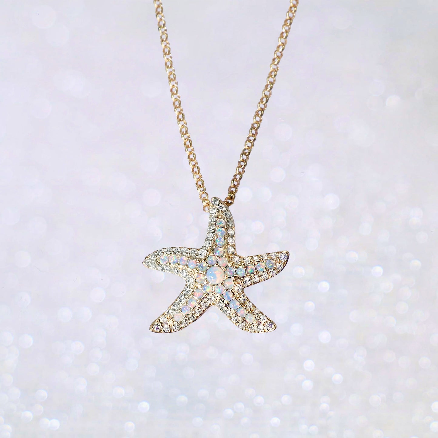 White Opal Diamond Starfish Gold Necklace