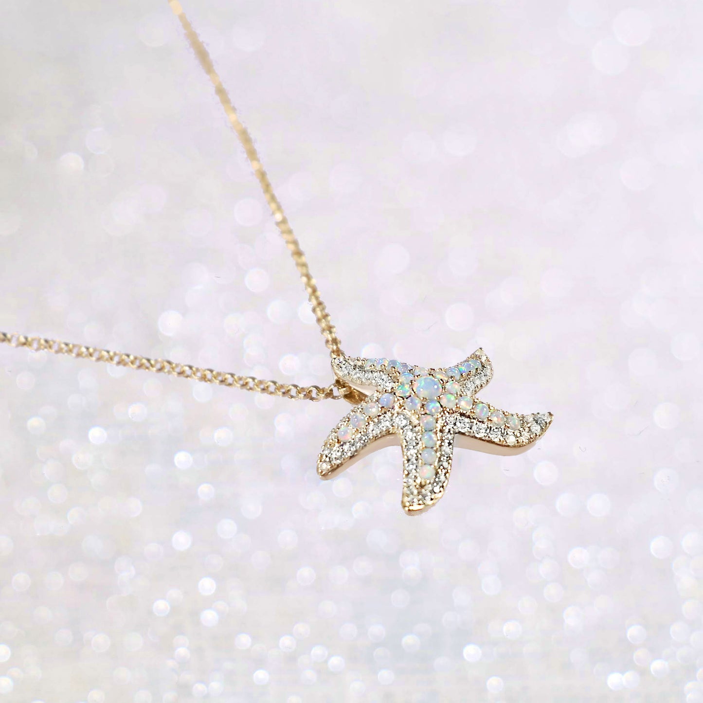 White Opal Diamond Starfish Gold Necklace