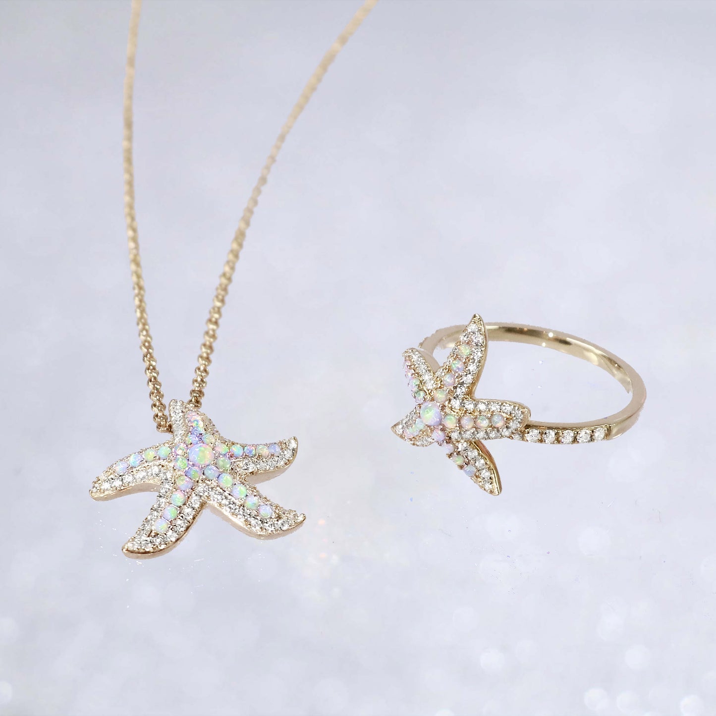 White Opal Diamond Starfish Gold Necklace