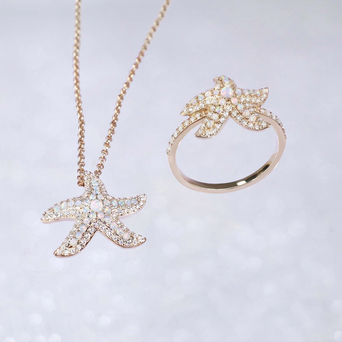 White Opal Diamond Starfish Gold Necklace