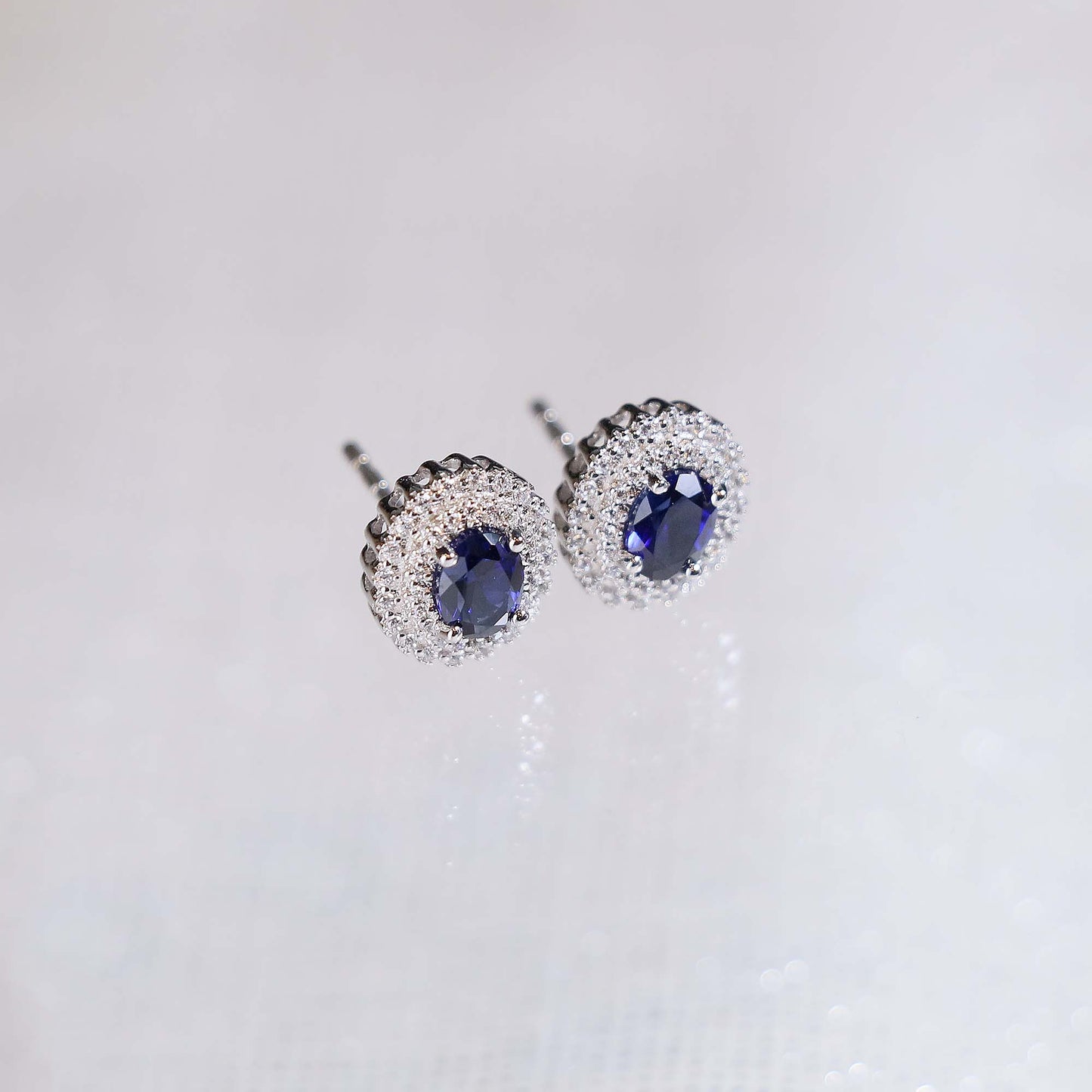 Classic Oval Blue Sapphire Double Halo Earrings