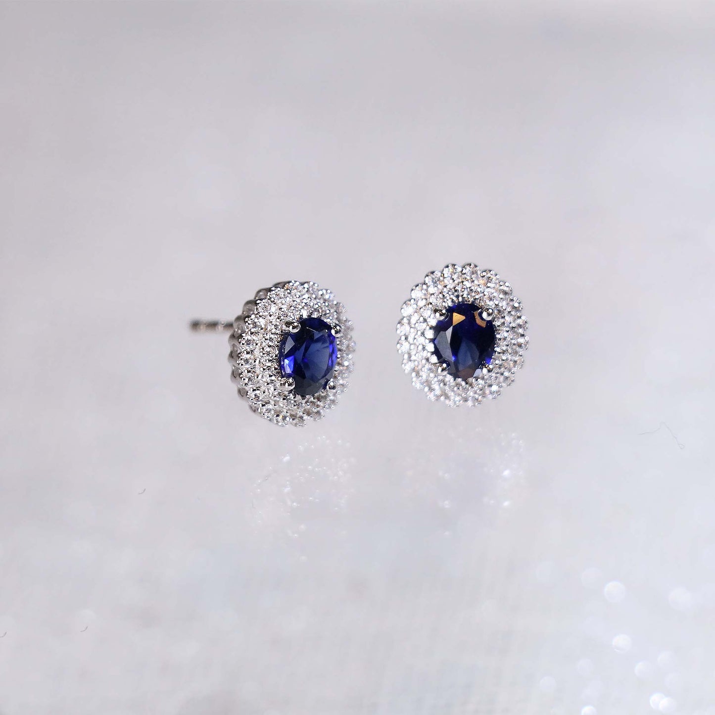 Classic Oval Blue Sapphire Double Halo Earrings