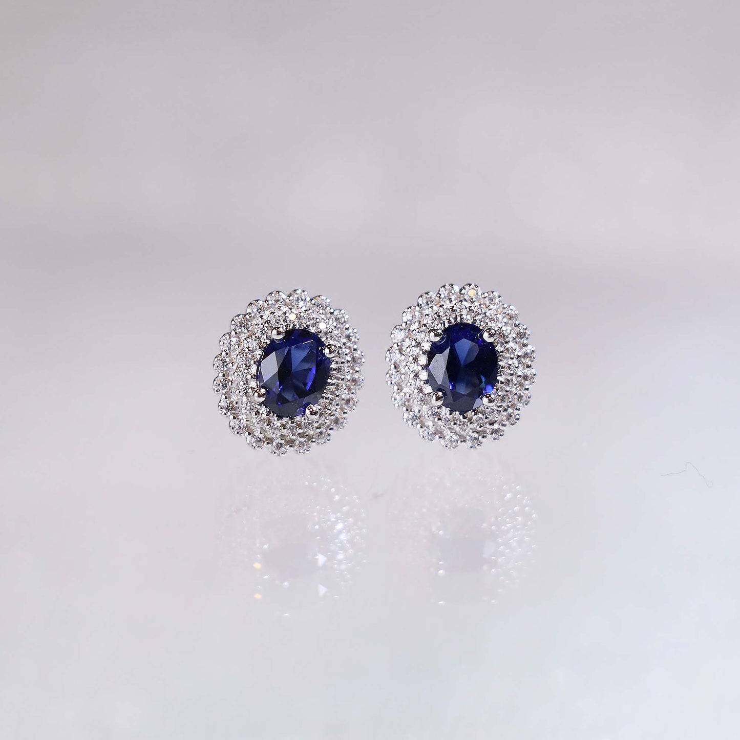Classic Oval Blue Sapphire Double Halo Earrings