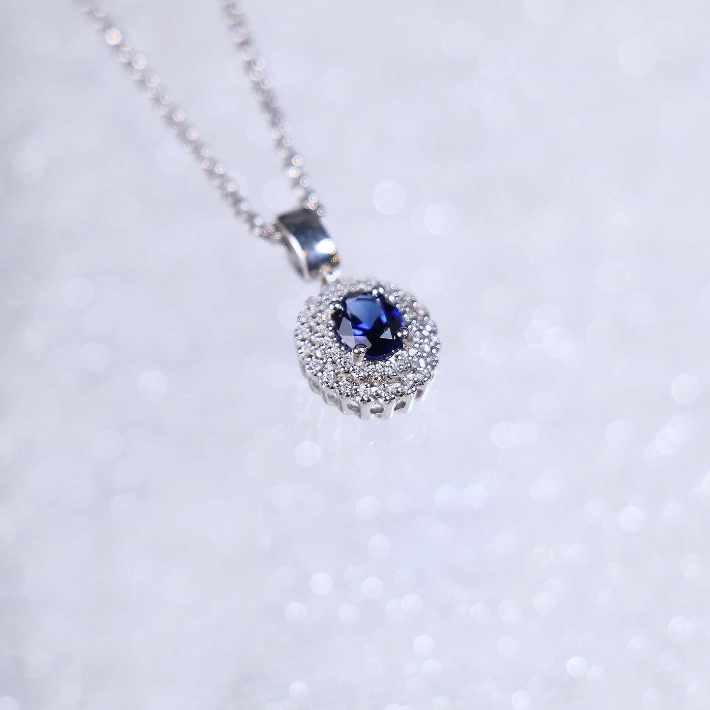 Oval Blue Sapphire Double Halo Diamond Pendant