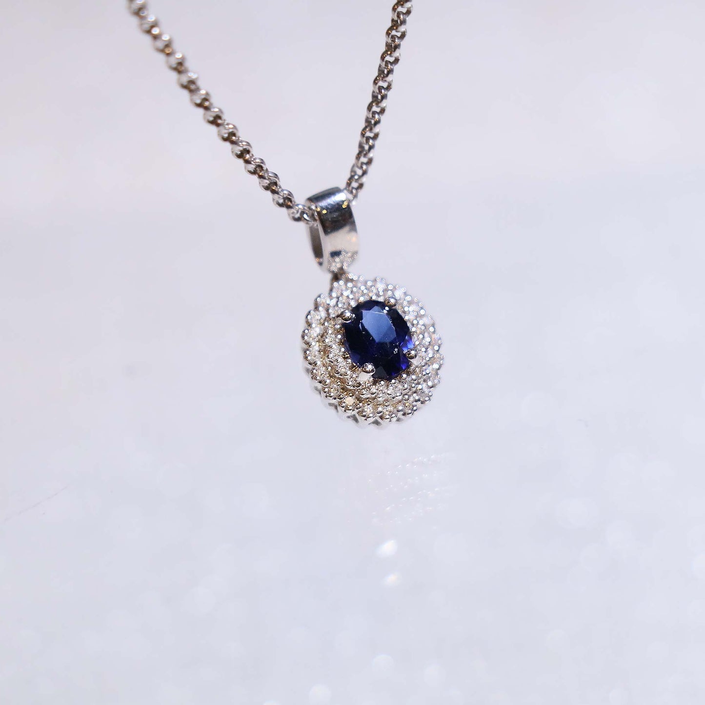 Oval Blue Sapphire Double Halo Diamond Pendant