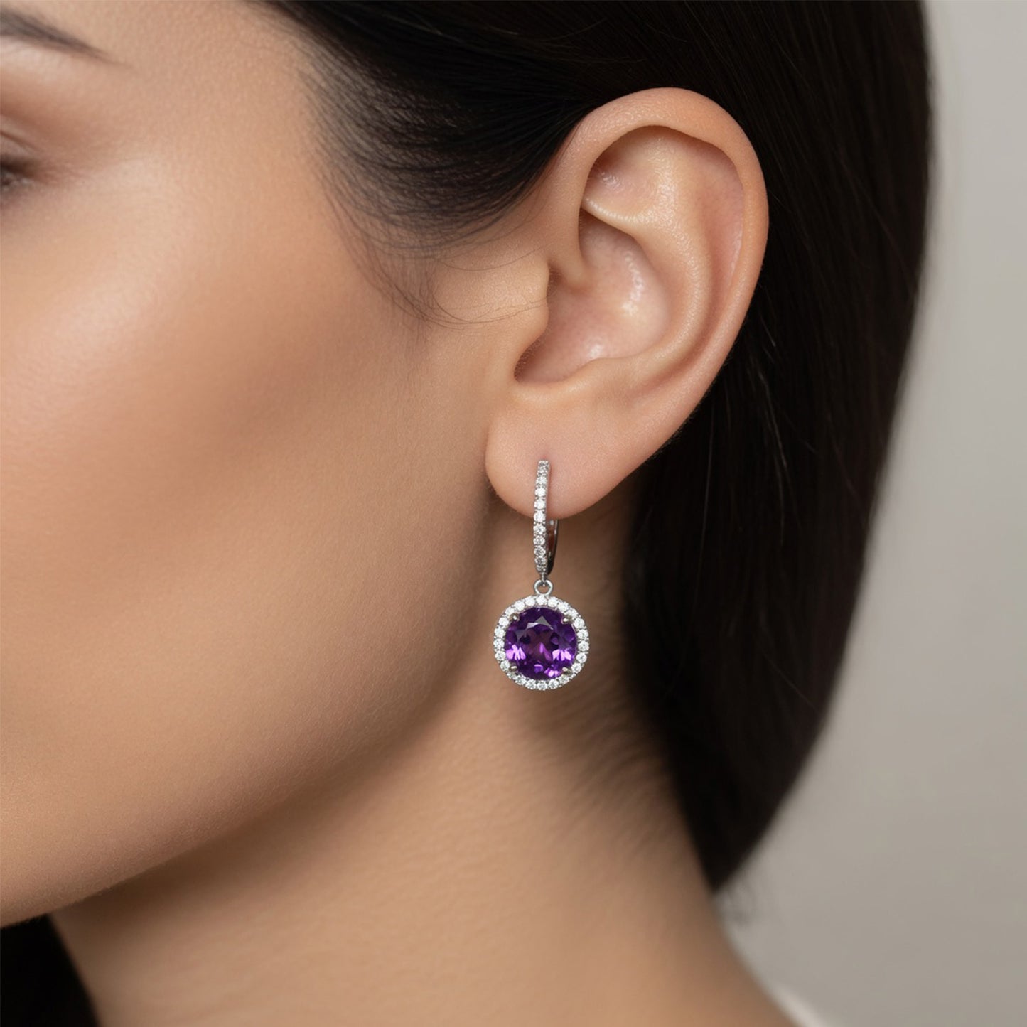 Amethyst Halo Diamond Drop Earrings Hoops