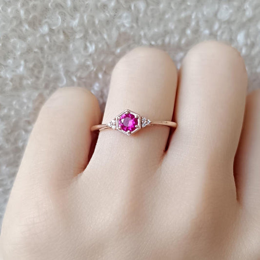 Silver Lab Grown Ruby Hexagon Ring