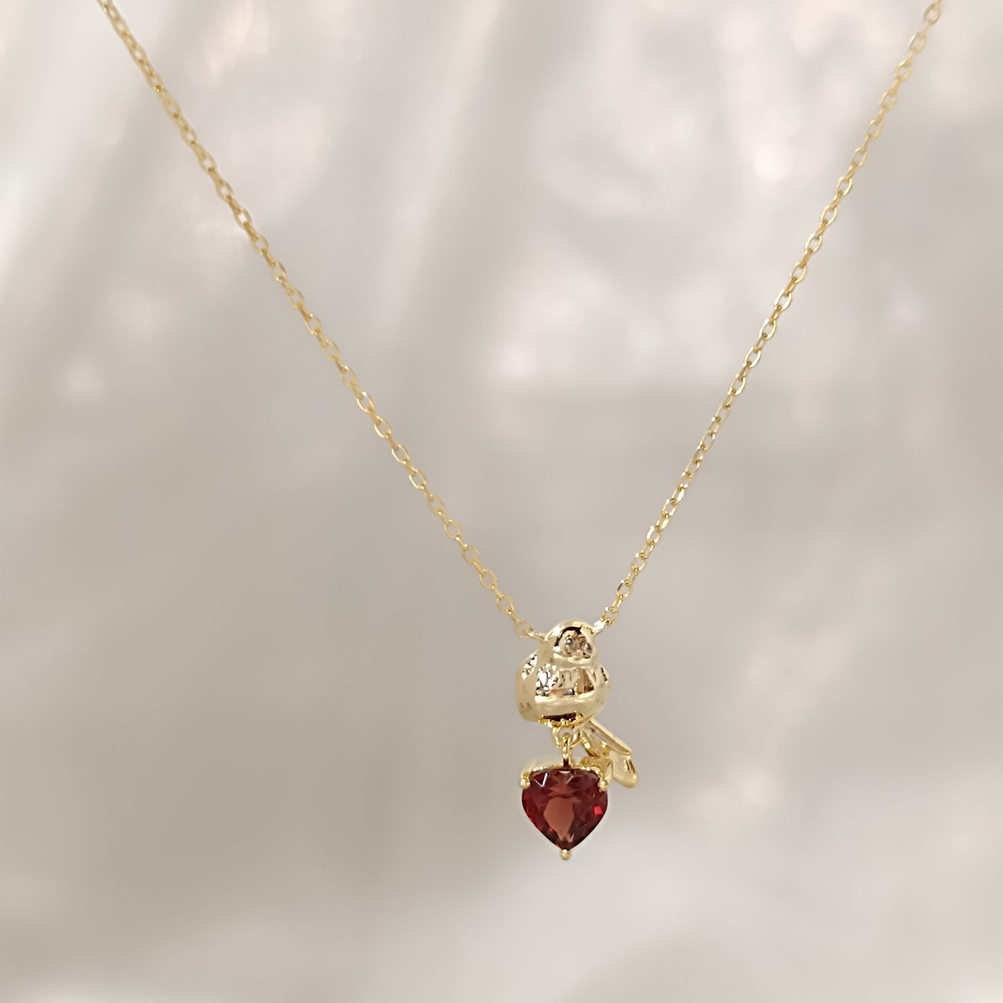 Solid Gold Red Garnet Baby Bird Pendant