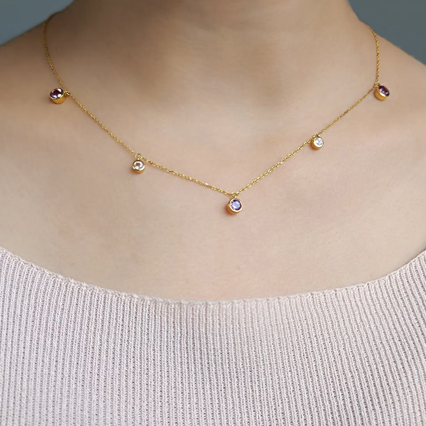 Round Amethyst Charm Choker Necklace