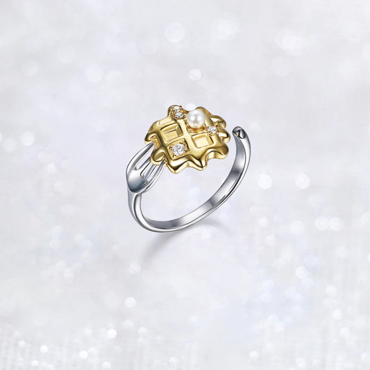 Shell Pearl Diamonds Waffles Fork Open Ring