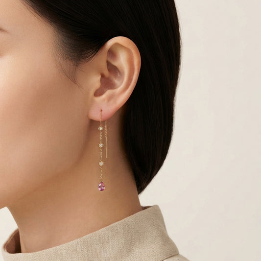 Lab Pink Sapphire Drop Threader Earrings