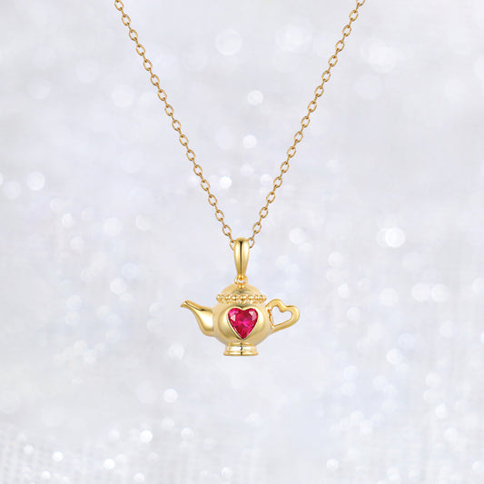 Cute Tea Pot Heart Ruby Necklace