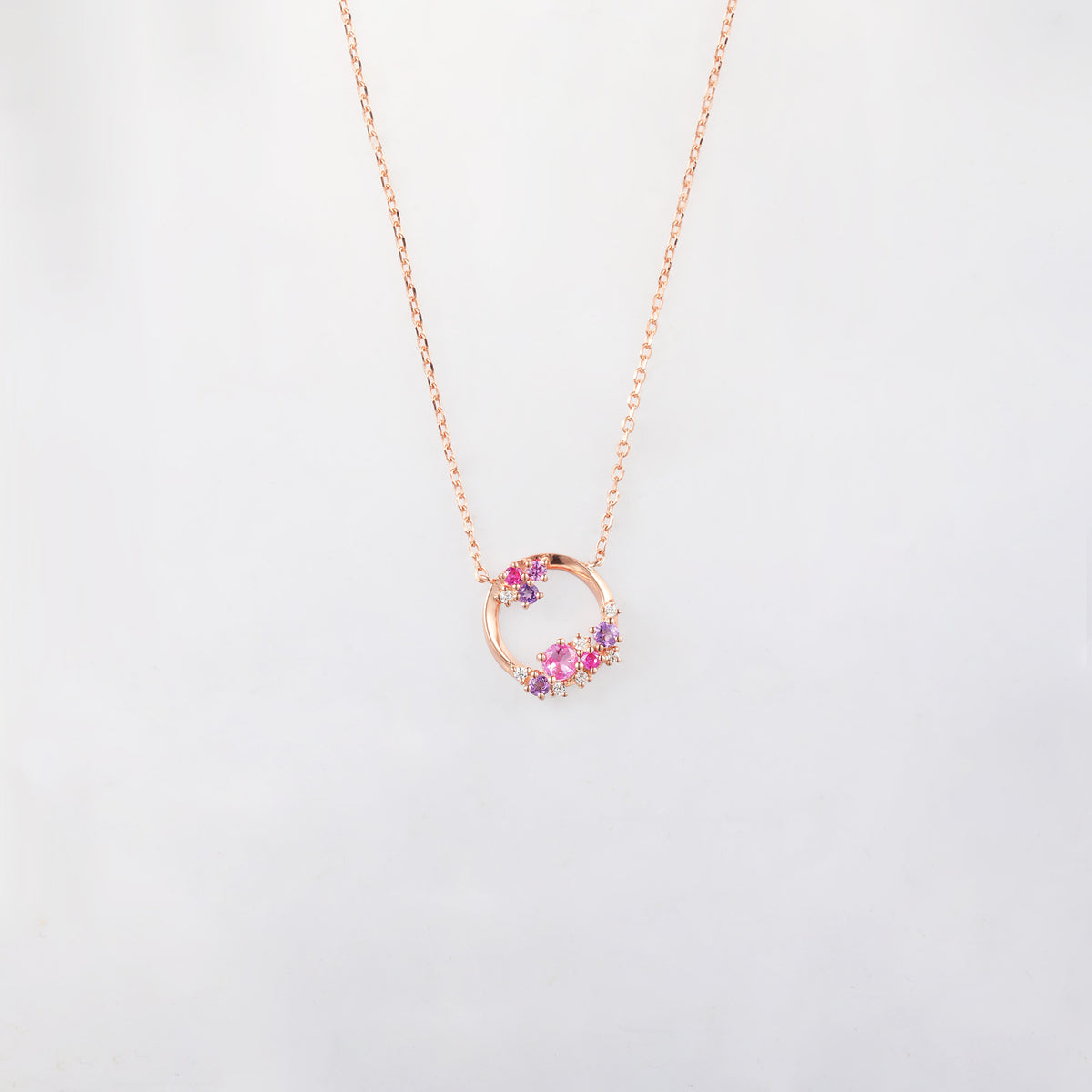 Ruby Pink Amethyst Cluster Open Circle Necklace