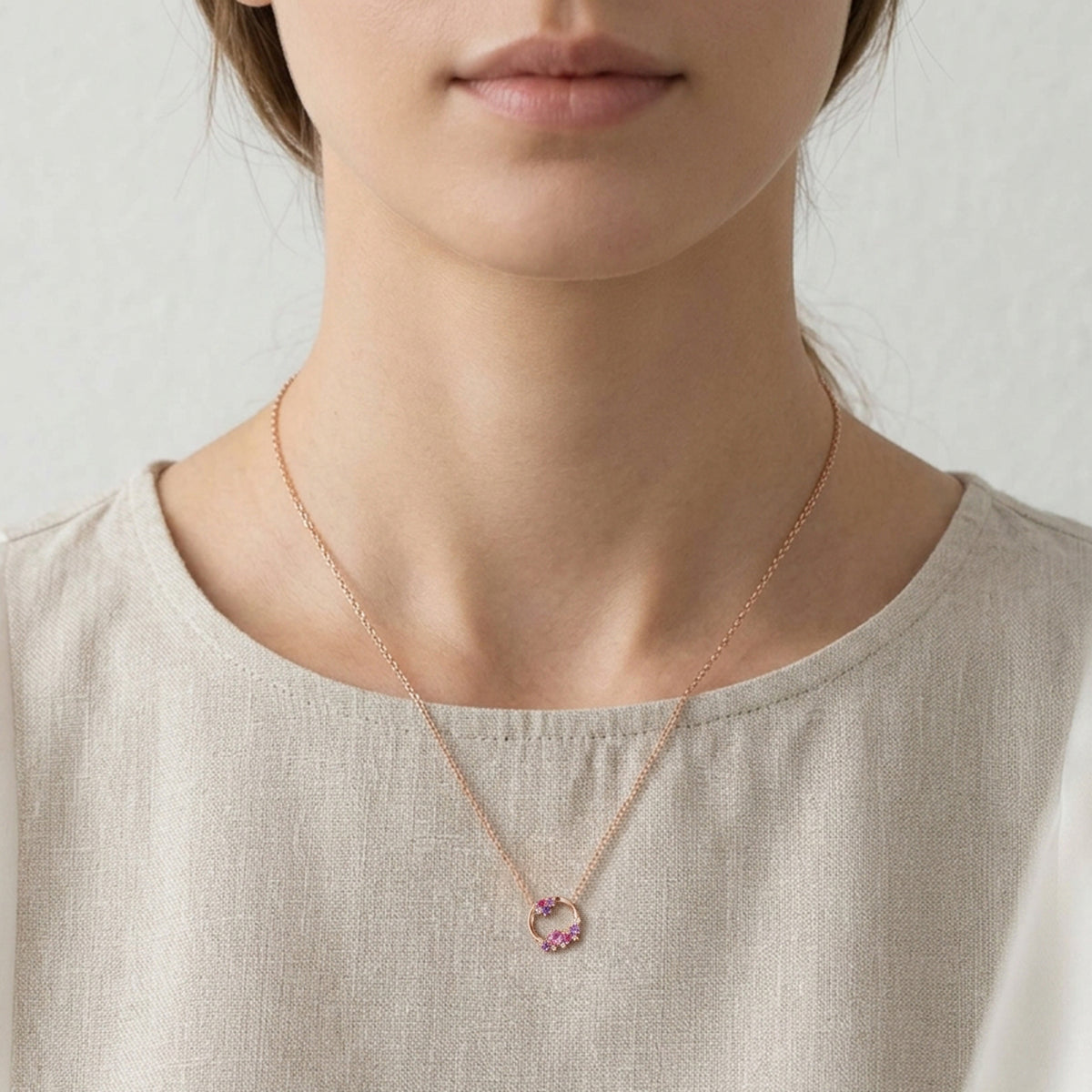 Ruby Pink Amethyst Cluster Open Circle Necklace